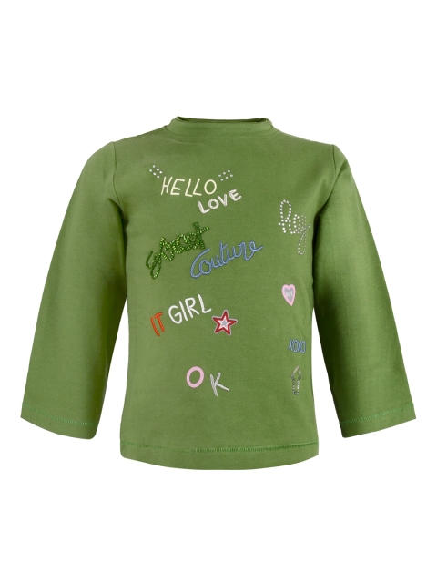 

TALES & STORIES Girls Olive Green Self Design Round Neck T-shirt