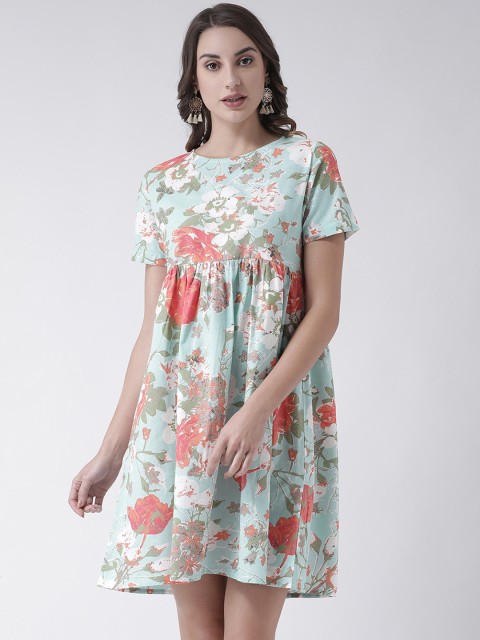

pinwheel Women Turquoise Blue Floral Print Fit and Flare Dress, Green