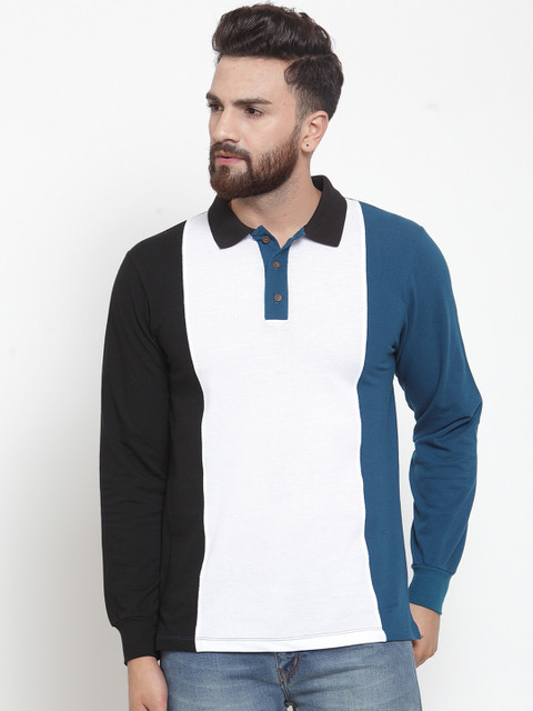

Kalt Men Black & Blue Colourblocked Polo Collar T-shirt