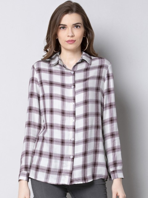 

FabAlley Women White & Black Regular Fit Checked Casual Shirt