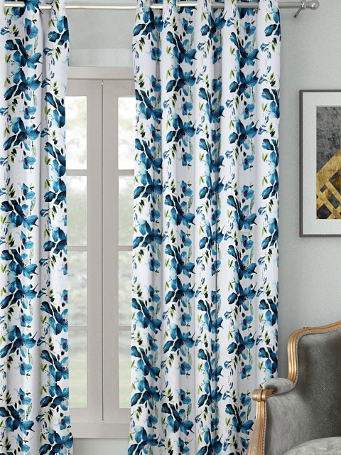

HOUZZCODE White & Blue Single Room Darkening Curtain Curtain