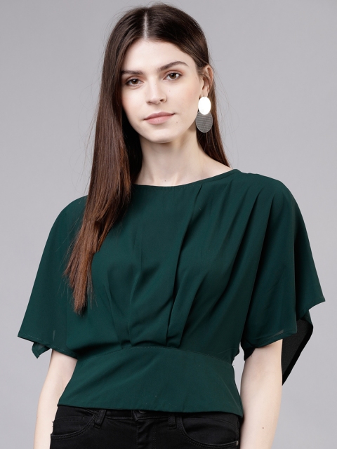 

Tokyo Talkies Women Green Solid Cinched Waist Top