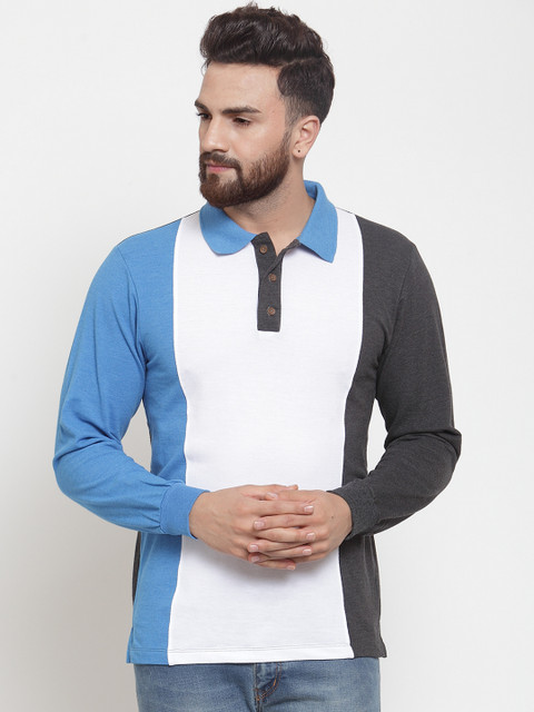 

Kalt Men Blue & Grey Colourblocked Polo Collar T-shirt
