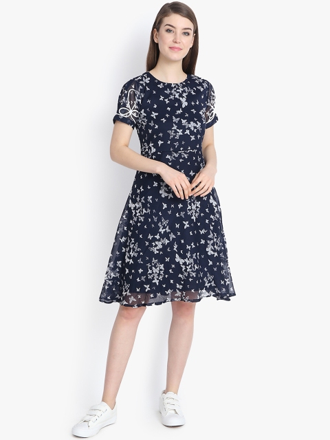 

yelloe Women Navy Blue & White Butterfly Print Fit and Flare Dress