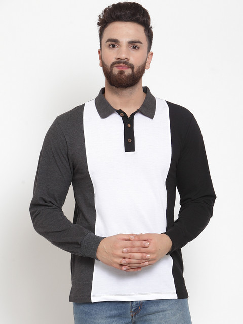 

Kalt Men Grey & Black Colourblocked Polo Collar T-shirt