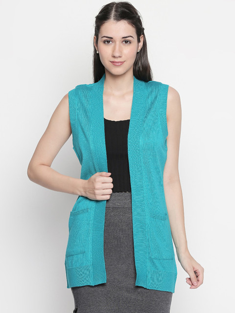 

RANGMANCH BY PANTALOONS Women Turquoise Blue Solid Cardigan Sweater
