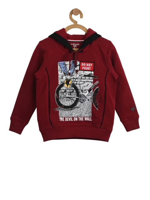 

Stupid Cupid Boys Maroon Printed Hooded Sweatshirt