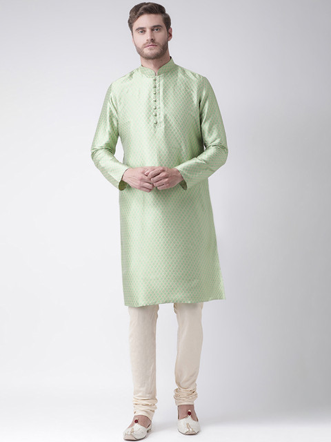

DEYANN Men Green & Cream-Coloured Self Design Kurta with Churidar