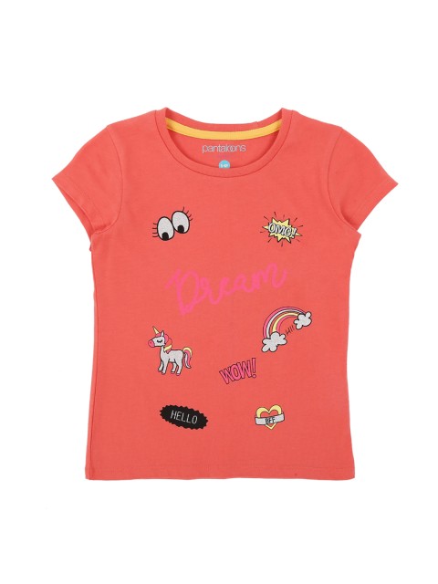 

Pantaloons Junior Girls Peach-Coloured Printed Round Neck Pure Cotton T-shirt