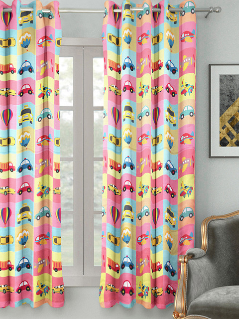

HOUZZCODE Pink & Blue Single Printed Room Darkening Curtain