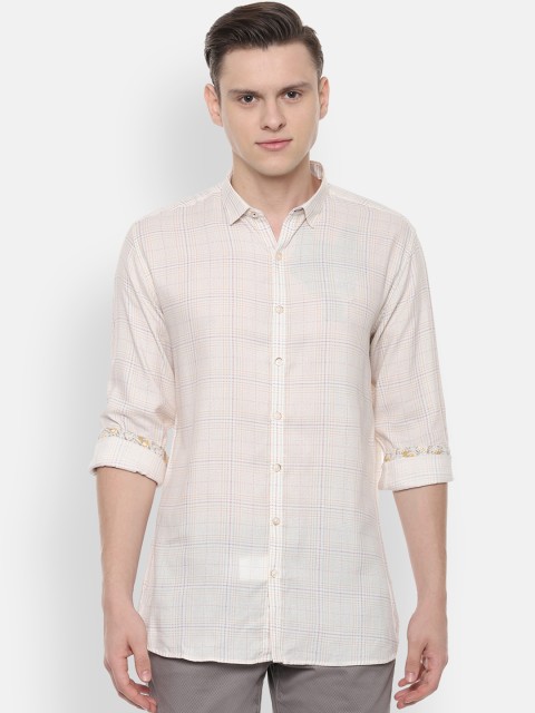 

V Dot Men Beige Slim Fit Checked Casual Shirt