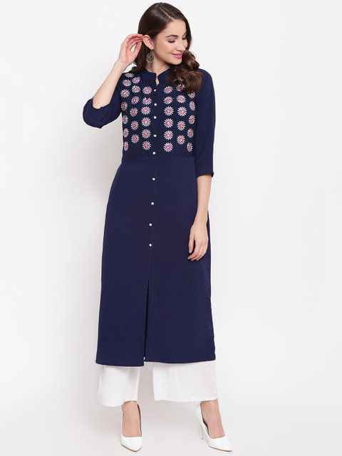

Napra Women Navy Blue Yoke Design Straight Kurta