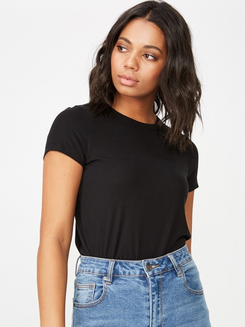 

COTTON ON Women Black Ribbed Round Neck Girlfriend T-shirt