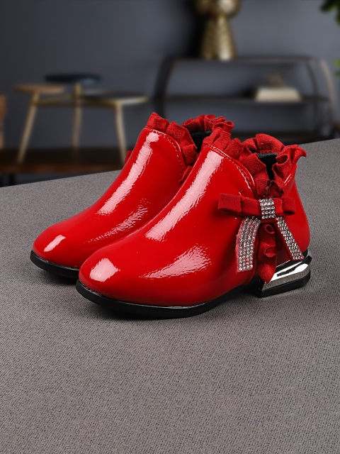 

Walktrendy Girls Red Solid Synthetic Mid-Top Flat Boots