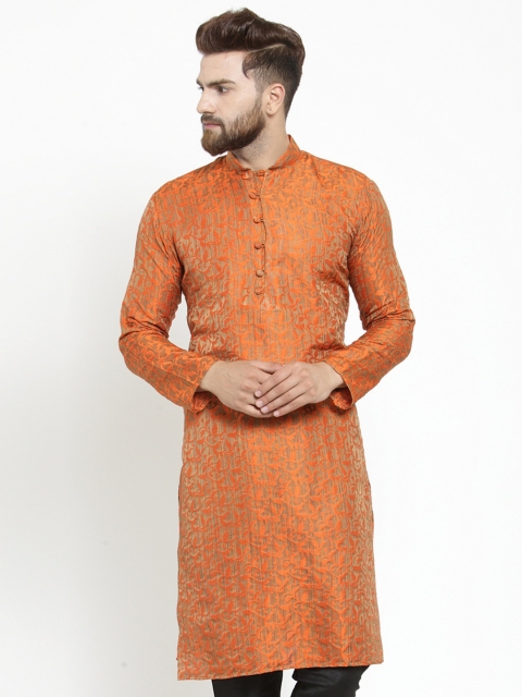 

Jompers Men Orange Woven Design Jacquard Weave Dupion Silk Straight Kurta