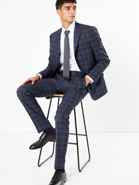 

Marks & Spencer Men Blue Skinny Fit Checked Formal Trousers