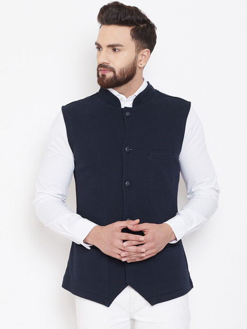 

Hypernation Men Navy Blue Solid Single-Breasted Waistcoat