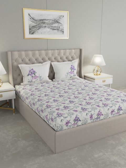 

GMF White & Purple Floral 144 TC Cotton 1 King Bedsheet with 2 Pillow Covers