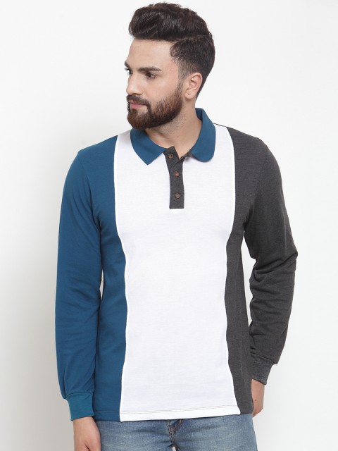 

Kalt Men Teal Blue & Grey Colourblocked Polo Collar T-shirt