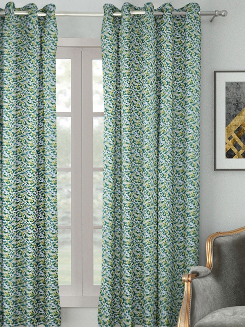 

HOUZZCODE White & Green Single Room Darkening Window Curtain