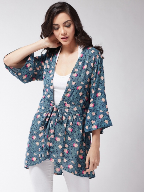 

MAGRE Women Blue & Green Printed Open Front Shrug