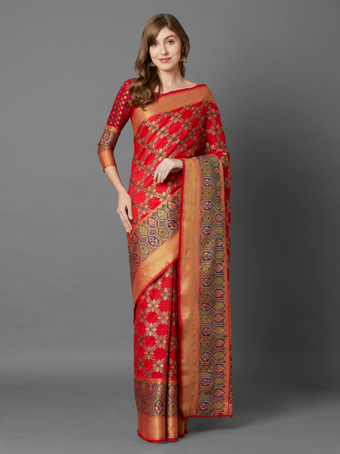 

Mitera Red & Beige Silk Blend Woven Design Banarasi Saree