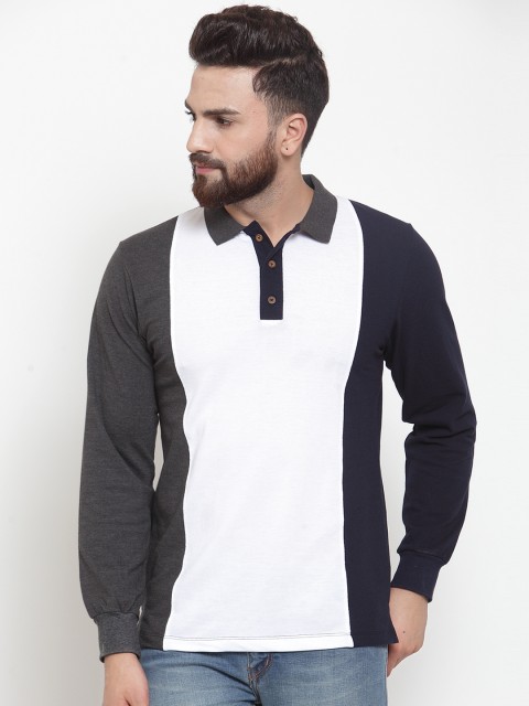 

Kalt Men White & Charcoal Grey Colourblocked Polo Collar T-shirt