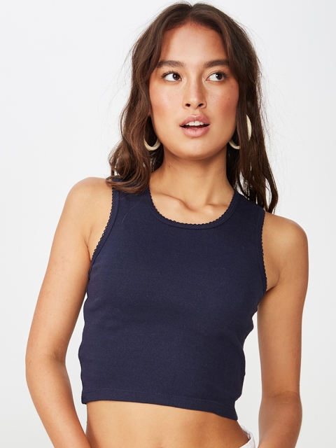 

COTTON ON Women Navy Blue Solid Fitted Pure Cotton Top