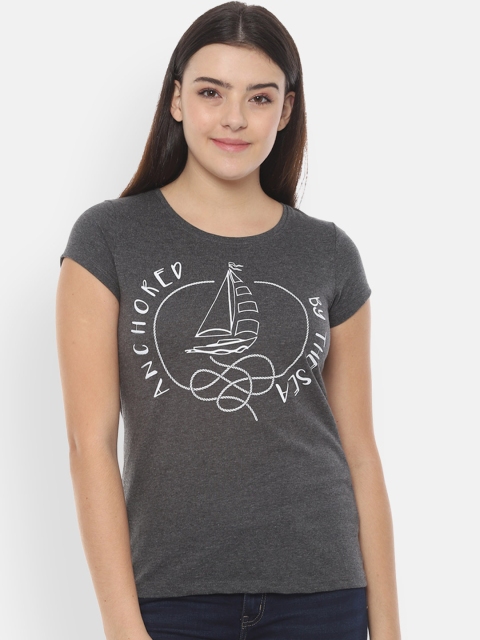 

People Women Charcoal Grey Printed Round Neck T-shirt