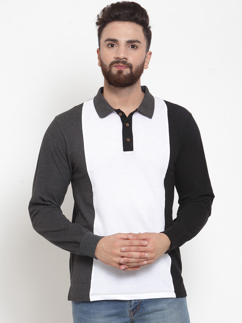 

Kalt Men White & Charcoal Grey Colourblocked Polo Collar T-shirt