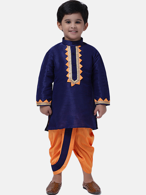 

BownBee Boys Navy Blue & Orange Yoke Design Kurta with Dhoti Pants