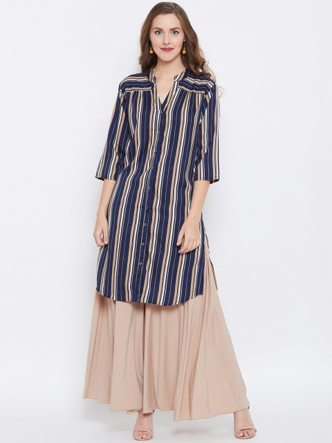 

Fizera Women Navy Blue & Beige Striped Straight Kurta