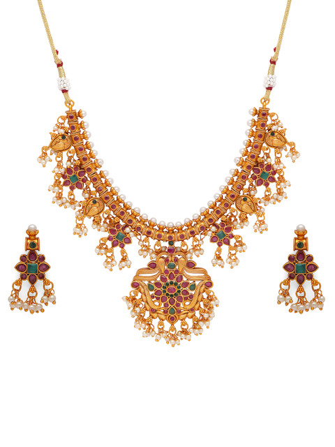 

Fabstreet Women Gold-Plated & Red Embellished Jewellery Set