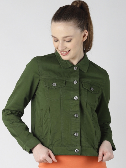 Blue Saint Women Olive Green Solid Denim Jacket