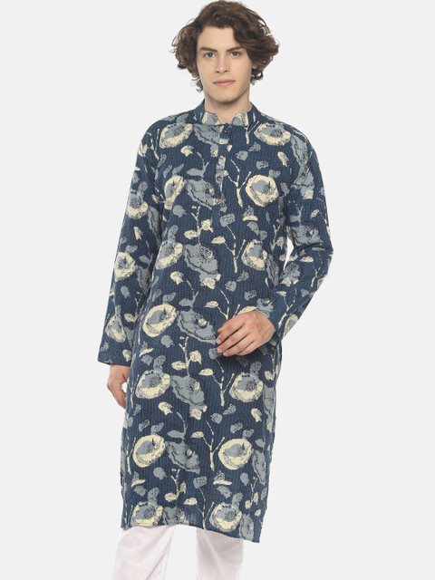 

PAROKSH Men Blue & Grey Floral Printed Straight Kurta
