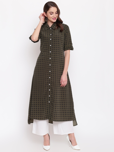 

Napra Women Olive Green Checked A-Line Kurta