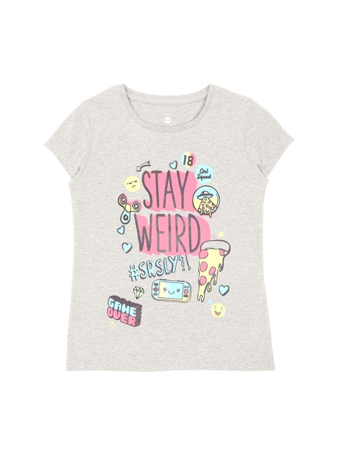 

Pantaloons Junior Girls Grey Melange Printed Round Neck Pure Cotton T-shirt