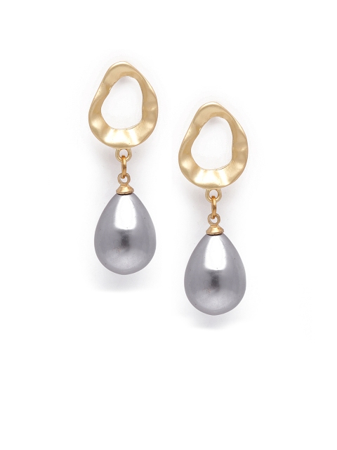 

Fabstreet Gold-Plated & Grey Handcrafted Embellished Teardrop Shaped Drop Earrings