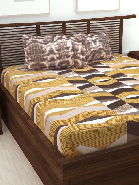 

Story@home Yellow & Brown Geometric 186 TC King Bedsheet with 2 Pillow Covers