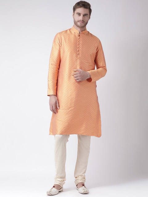 

DEYANN Men Orange & Cream-Coloured Self Design Kurta with Churidar