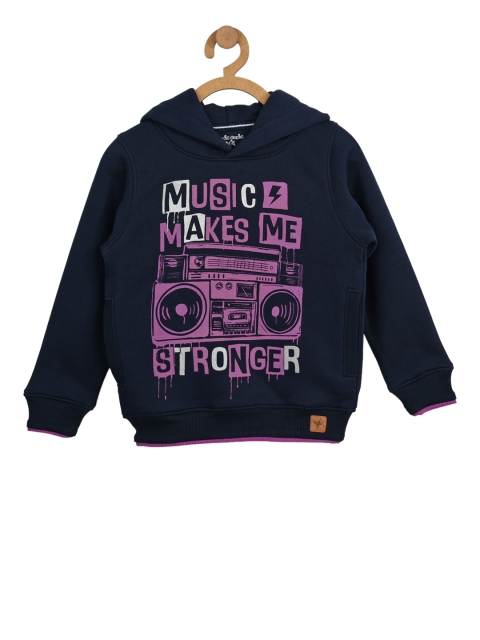 

Stupid Cupid Boys Navy Blue Printed Hooded Sweatshirt