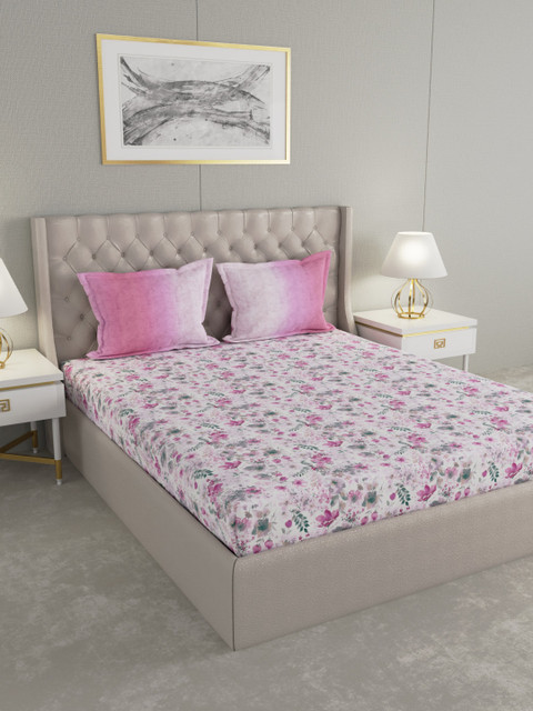 

GM White & Pink Floral 144 TC Cotton 1 King Bedsheet with 2 Pillow Covers
