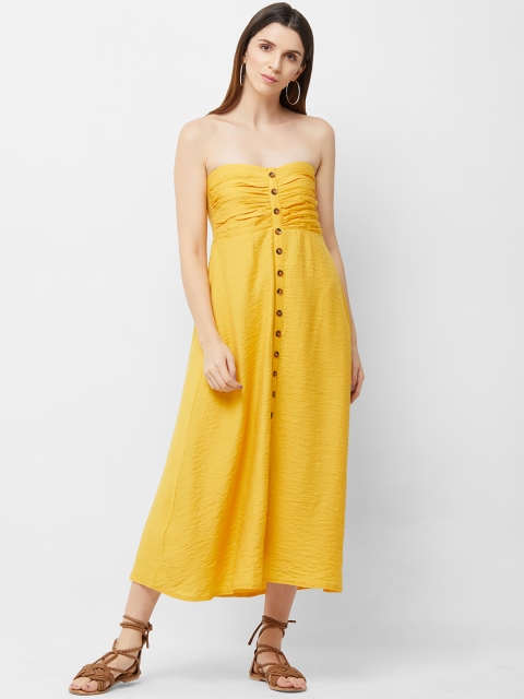 

bebe Women Solid Yellow Fit and Flare Dress