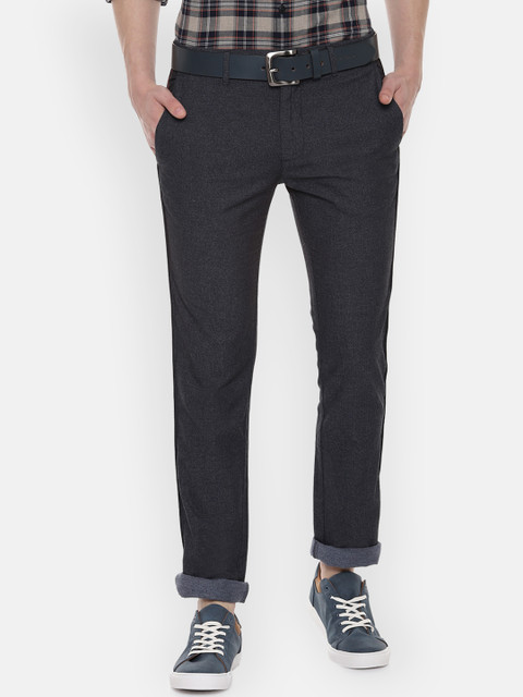 

V Dot Men Navy Blue Slim Fit Self Design Regular Trousers