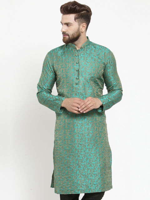 

Jompers Men Green Woven Design Jacquard Weave Dupion Silk Straight Kurta