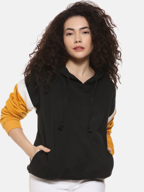 

Campus Sutra Women Black Solid Hooded Sweatshirt