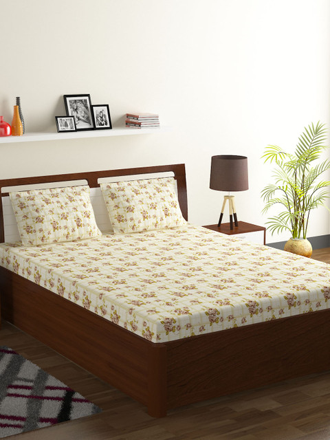

BOMBAY DYEING Beige & Off-White Floral 120 TC Cotton 1 King Bedsheet with 2 Pillow Covers