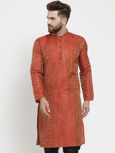 

Jompers Men Red & Beige Woven Design Jacquard Straight Kurta