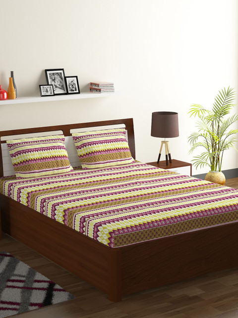 

BOMBAY DYEING Green & Yellow Striped 120 TC Cotton 1 King Bedsheet with 2 Pillow Covers