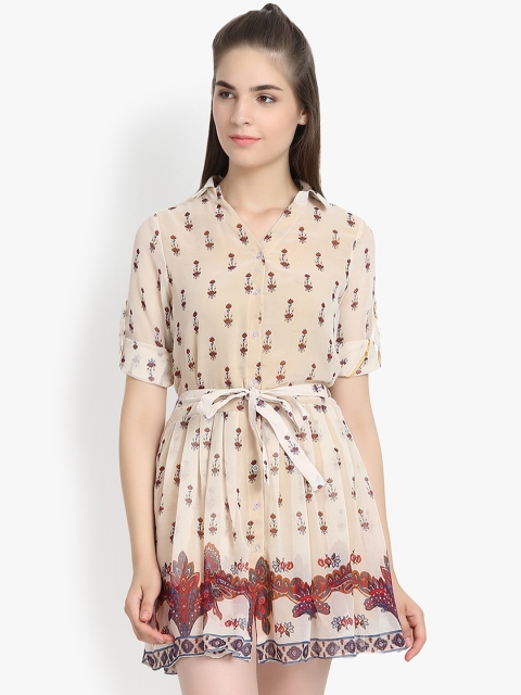 

yelloe Women Beige & Maroon Printed Shirt Dress
